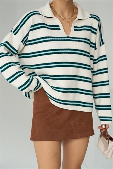 Kadın Camına Polo Yaka Kazak - Krem-Camgöbeği