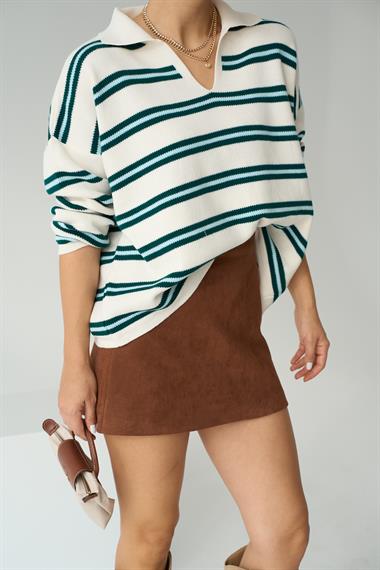 Kadın Camına Polo Yaka Kazak - Krem-Camgöbeği