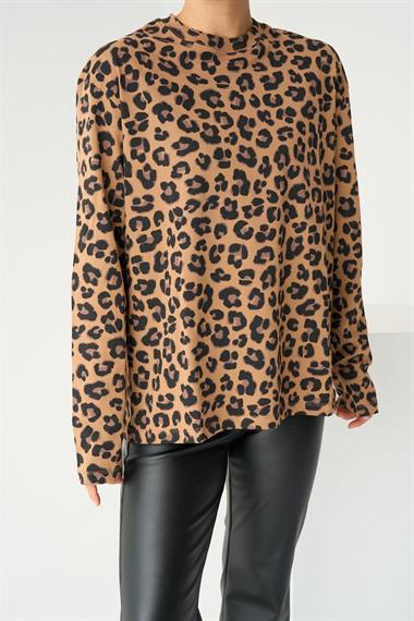 Kadın Cazy Uzun Kol Örme Leopar T-shirt - Bej