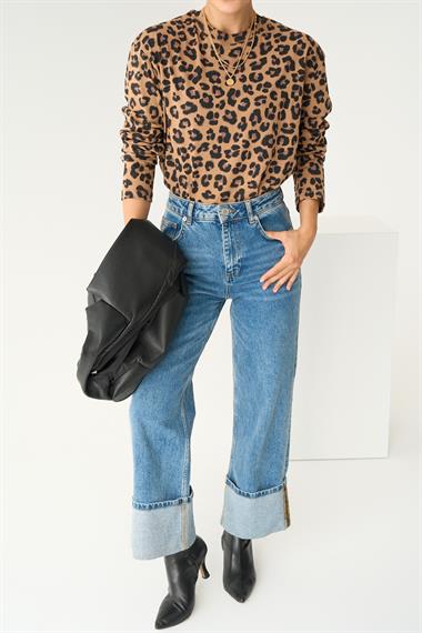 Kadın Cazy Uzun Kol Örme Leopar T-shirt - Bej