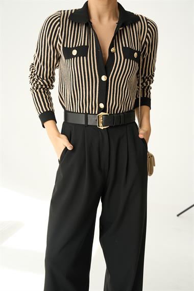 Kadın Cepli Düğmeli Triko Hırka - Bej-Siyah