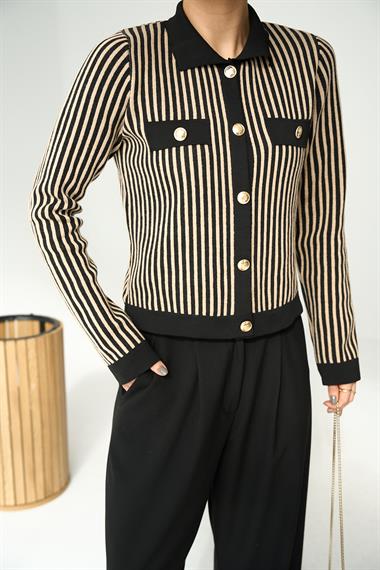 Kadın Cepli Düğmeli Triko Hırka - Bej-Siyah