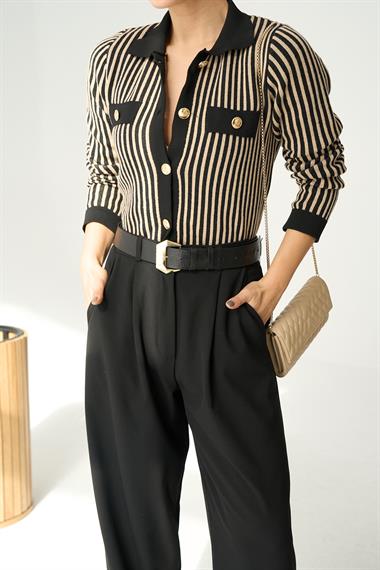 Kadın Cepli Düğmeli Triko Hırka - Bej-Siyah