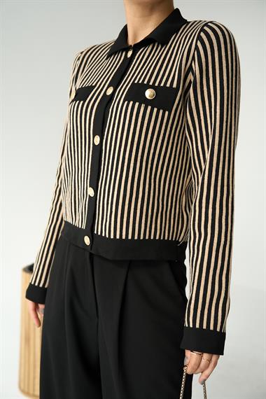 Kadın Cepli Düğmeli Triko Hırka - Bej-Siyah