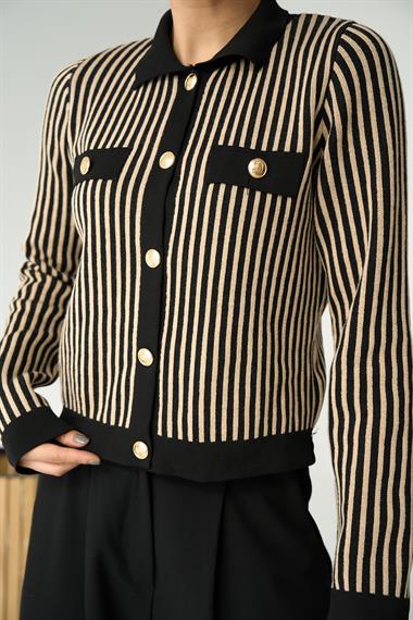 Kadın Cepli Düğmeli Triko Hırka - Bej-Siyah