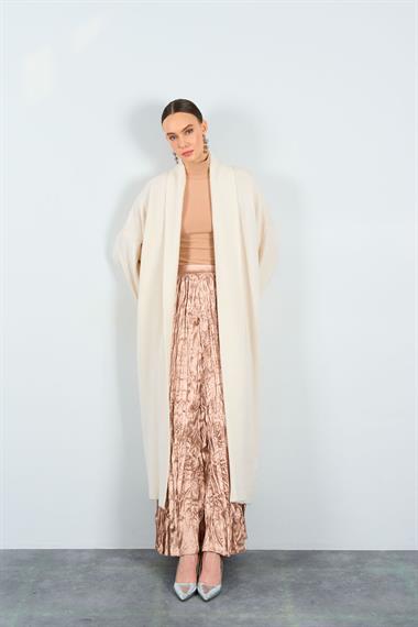 Kadın Deka Önü Açık Şal Yaka Hırka - Krem