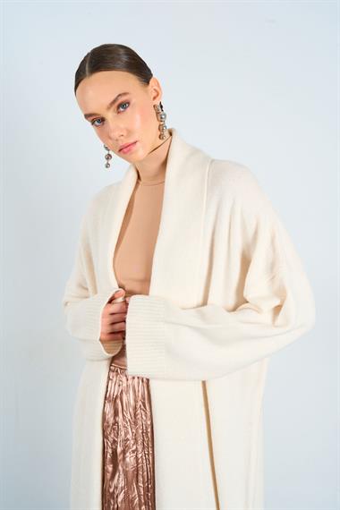 Kadın Deka Önü Açık Şal Yaka Hırka - Krem