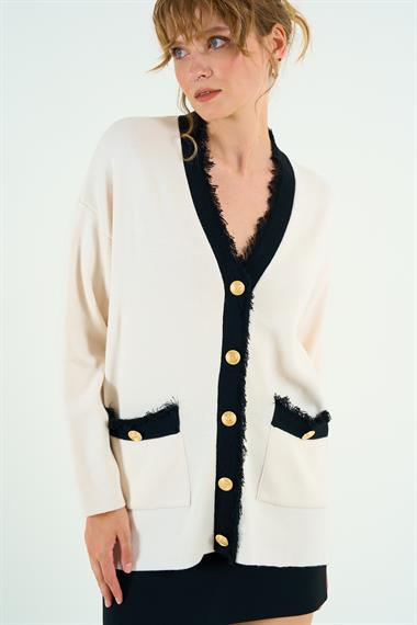 Kadın Derpa Triko Hırka - Krem-Siyah