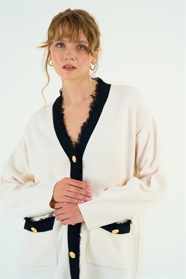 Kadın Derpa Triko Hırka - Krem-Siyah