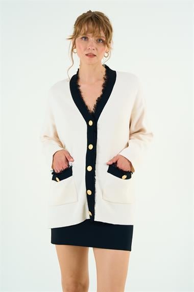 Kadın Derpa Triko Hırka - Krem-Siyah