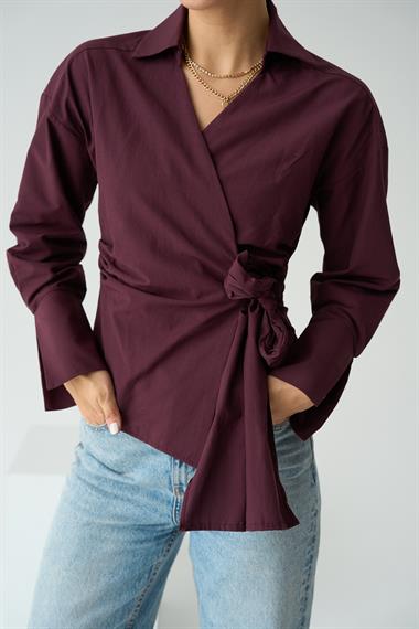 Kadın Dolesya Bağlamalı Dokuma Gömlek - Mürdüm