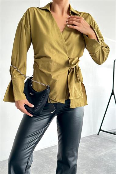 Kadın Dolesya Bağlamalı Dokuma Gömlek - Olive