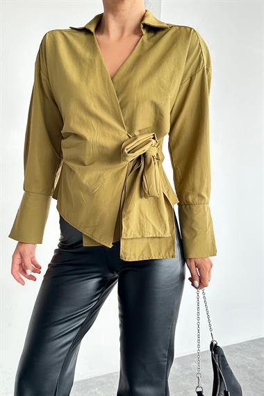 Kadın Dolesya Bağlamalı Dokuma Gömlek - Olive