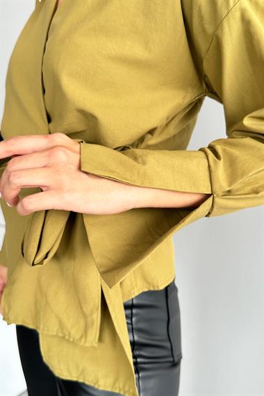 Kadın Dolesya Bağlamalı Dokuma Gömlek - Olive