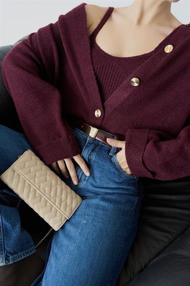 Kadın Düğmeli Atletli İkili  Triko Takım - Bordo