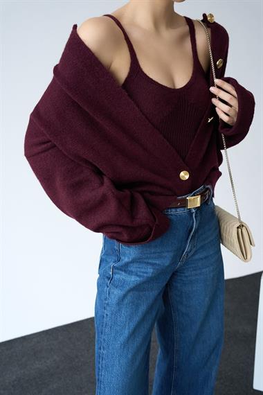 Kadın Düğmeli Atletli İkili  Triko Takım - Bordo