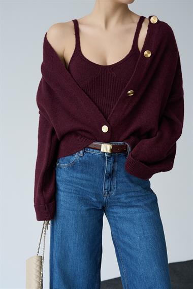 Kadın Düğmeli Atletli İkili  Triko Takım - Bordo