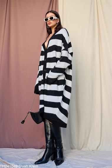 Kadın Ember Çizgili Uzun Triko Hırka - Siyah-Krem