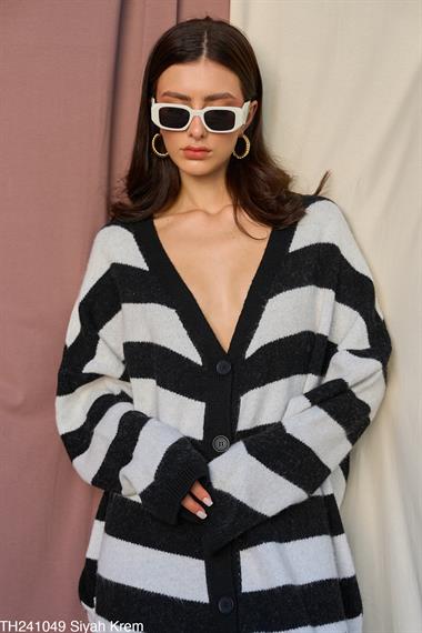 Kadın Ember Çizgili Uzun Triko Hırka - Siyah-Krem