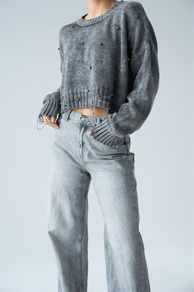 Kadın Fartap İncili Triko Kazak - Gri