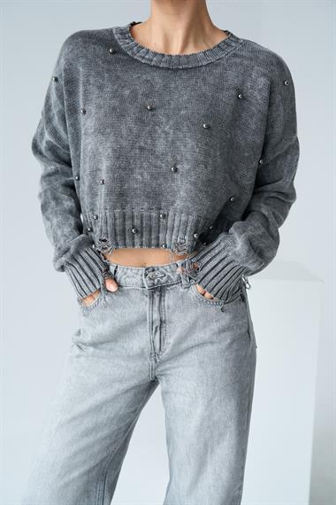 Kadın Fartap İncili Triko Kazak - Gri