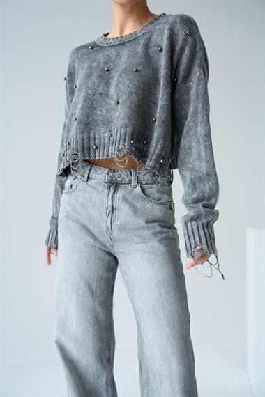 Kadın Fartap İncili Triko Kazak - Gri