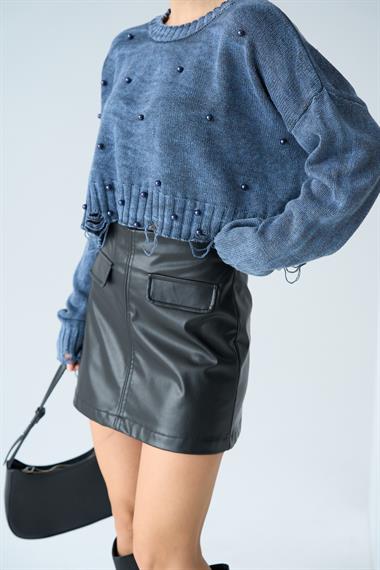 Kadın Fartap İncili Triko Kazak - İndigo