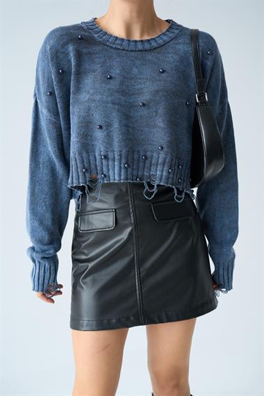 Kadın Fartap İncili Triko Kazak - İndigo