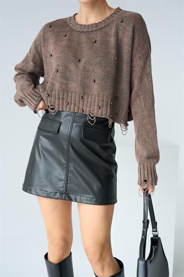 Kadın Fartap İncili Triko Kazak - KAHVE