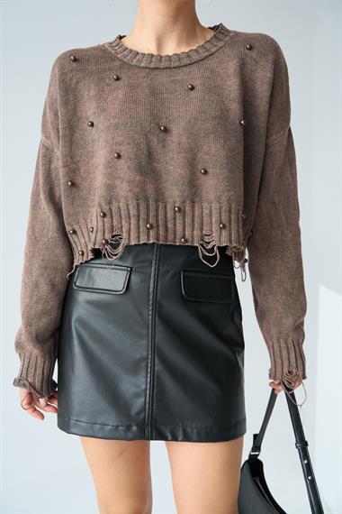 Kadın Fartap İncili Triko Kazak - KAHVE