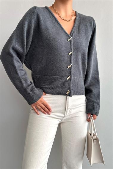 Kadın Julya V Yaka Biyeli Triko Hırka - Füme