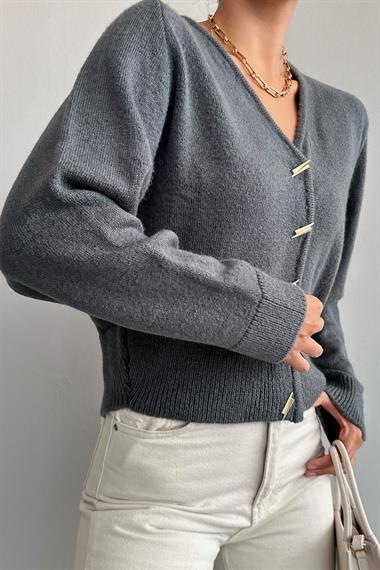 Kadın Julya V Yaka Biyeli Triko Hırka - Füme