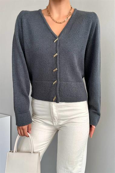 Kadın Julya V Yaka Biyeli Triko Hırka - Füme