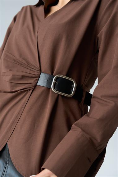 Kadın Kemerli Dokuma Gömlek - Koyu Kahve
