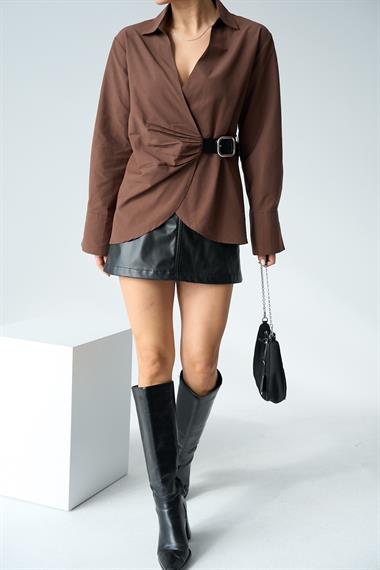 Kadın Kemerli Dokuma Gömlek - Koyu Kahve