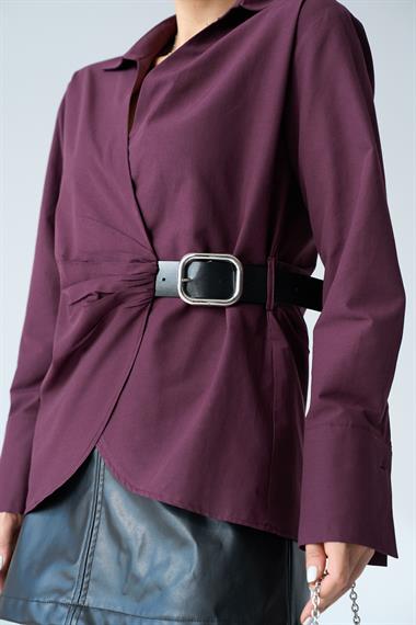 Kadın Kemerli Dokuma Gömlek - Mürdüm