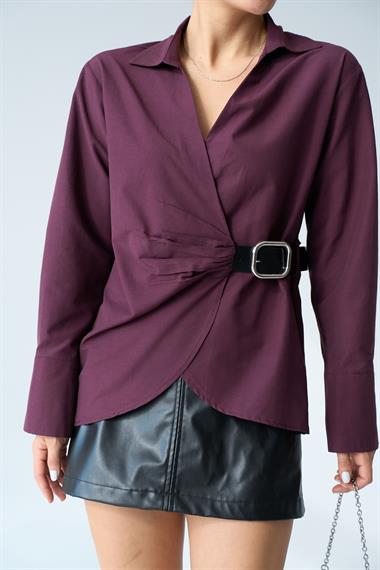 Kadın Kemerli Dokuma Gömlek - Mürdüm