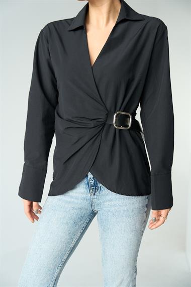 Kadın Kemerli Dokuma Gömlek - Siyah