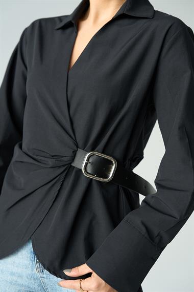 Kadın Kemerli Dokuma Gömlek - Siyah