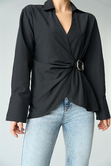 Kadın Kemerli Dokuma Gömlek - Siyah