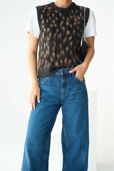 Kadın Kısa Kol Triko Süveter - Antrasit-Hardal