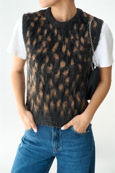 Kadın Kısa Kol Triko Süveter - Antrasit-Hardal