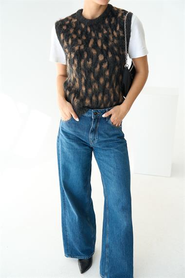 Kadın Kısa Kol Triko Süveter - Antrasit-Hardal