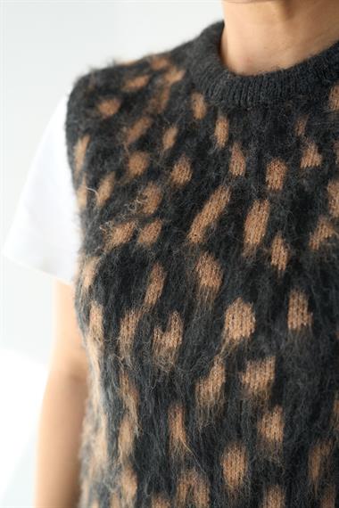 Kadın Kısa Kol Triko Süveter - Antrasit-Hardal