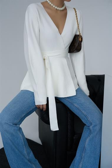 Kadın Kuşaklı Triko Hırka - Kemik