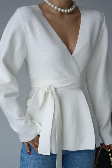 Kadın Kuşaklı Triko Hırka - Kemik