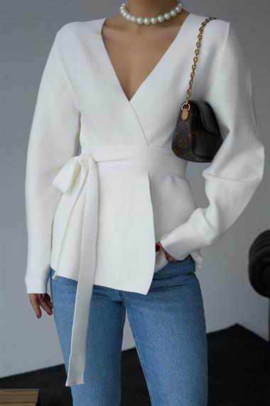 Kadın Kuşaklı Triko Hırka - Kemik