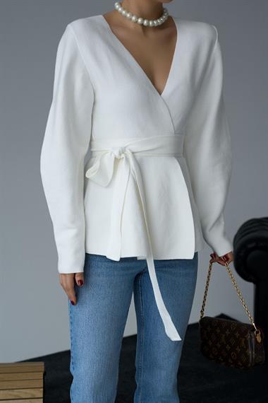 Kadın Kuşaklı Triko Hırka - Kemik