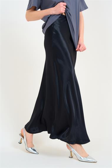 Kadın Leola Düz Uzun Saten Etek - Siyah
