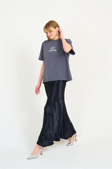 Kadın Leola Düz Uzun Saten Etek - Siyah